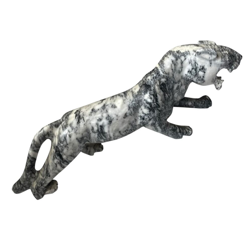 Carved Marble Panther Statue Polished Stone Sculpture Gray Black Cougar Cat READ